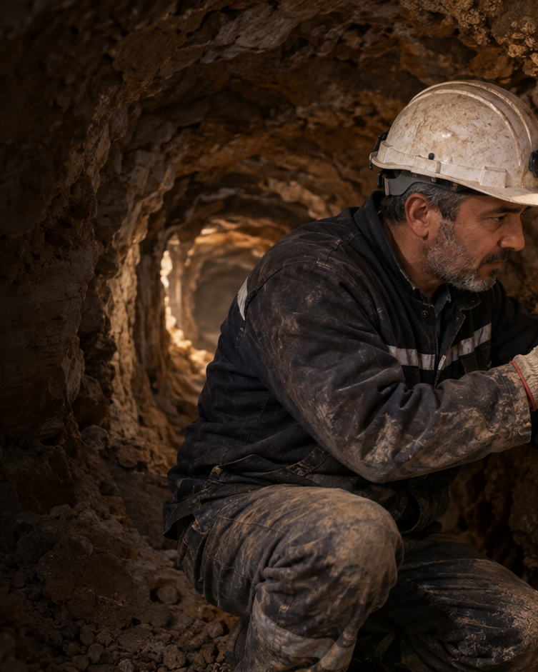 Yeraltı galerisinde baret ve kafa lambası takmış bir kişi, el çekiciyle duvardaki açık renkli bir yumruyu yerinden çıkarıyor.