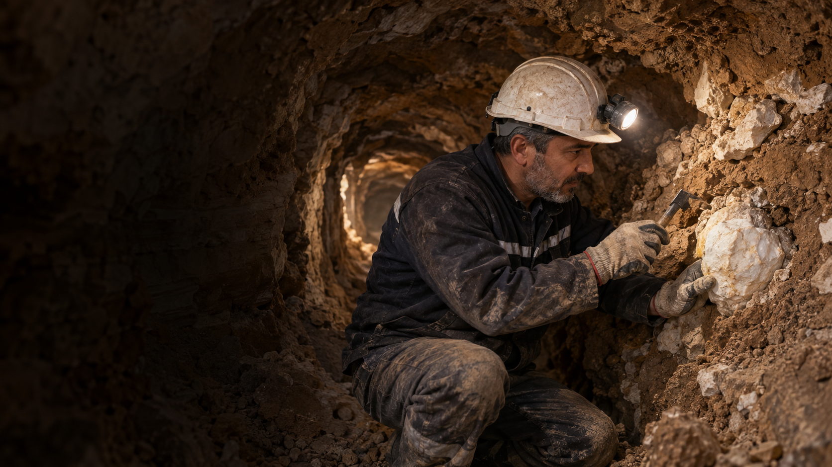 Yeraltı galerisinde baret ve kafa lambası takmış bir kişi, el çekiciyle duvardaki açık renkli bir yumruyu yerinden çıkarıyor.
