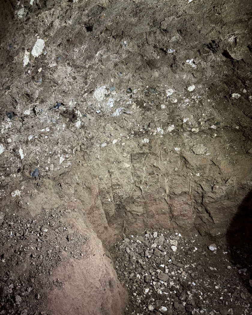 Kazılmış bir duvarda üst üste gelen açık ve koyu renkli toprak katmanları.
