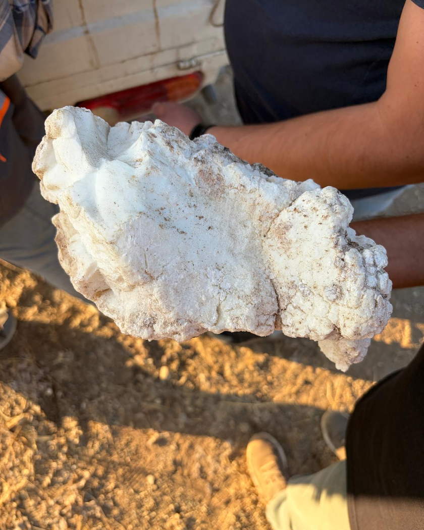 İki elle tutulan, beyaz yüzeyli ve bir kenarı yumrulu iri lületaşı parçası; arkada araç kasası.